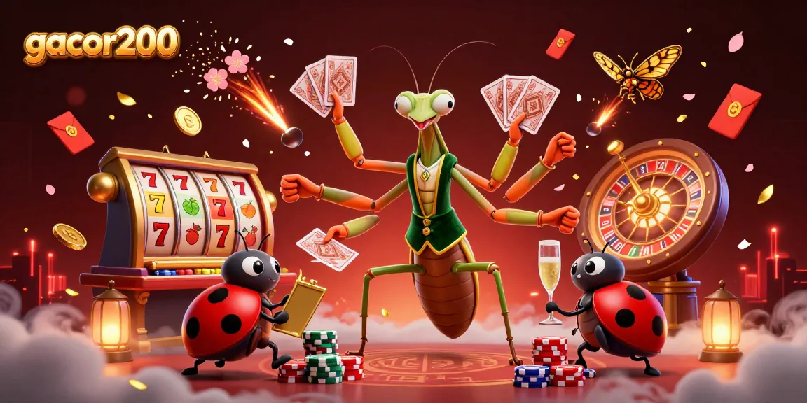 Gacor200 menghadirkan suasana kasino yang meriah dengan simbol slot dan koin keberuntungan.
