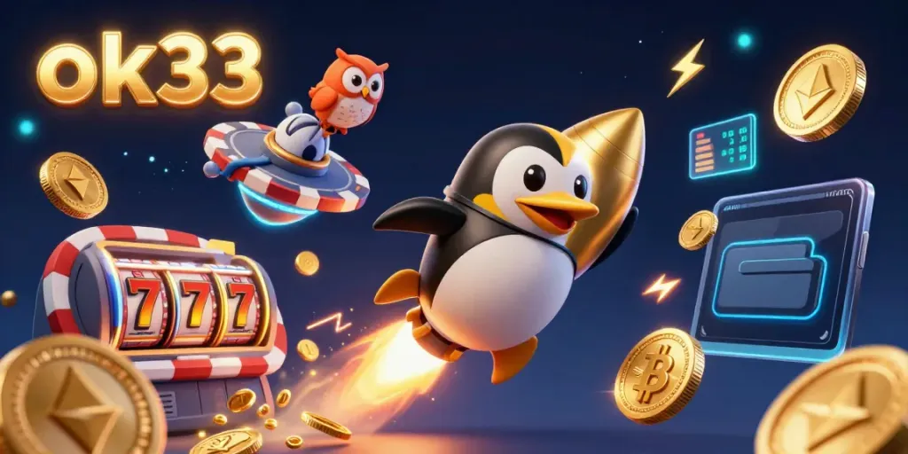 Experience thrilling online gaming action with ok33 featuring a vibrant golden penguin and casino elements!