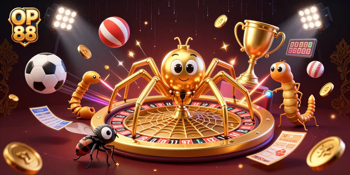 Experience thrilling bets with OP 88 in a vibrant casino-themed illustration featuring spinning roulette and sports elements.