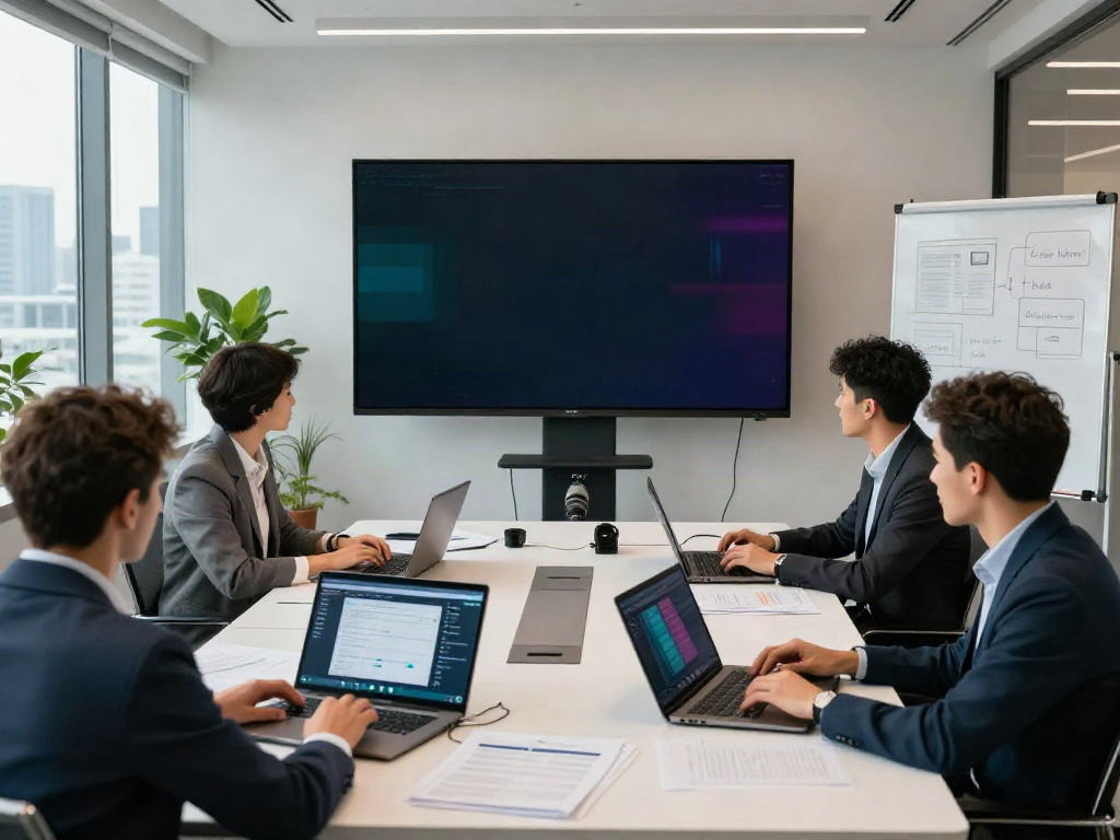 Deepfake protected Online Video Calls, Meetings and Conferencing scene with diverse team using laptops in modern workspace.