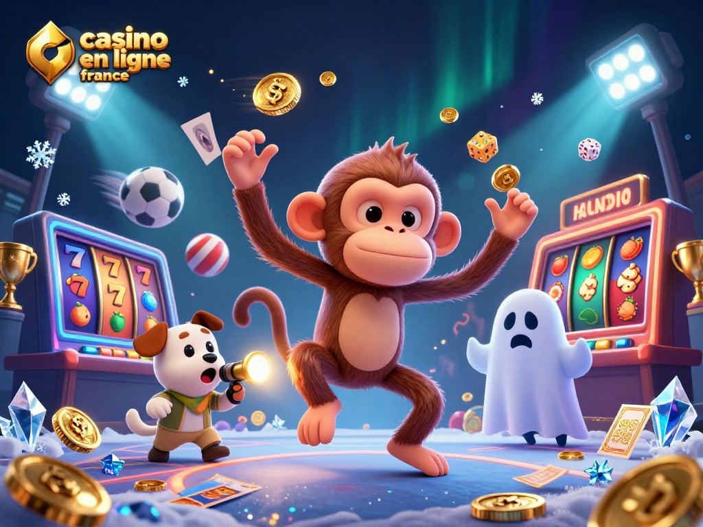 Admirez le jeu captivant au casino en ligne france avec une caricature de singe poltergeist.