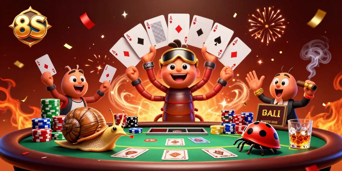 Experience the excitement of 8S online casino with a 3D illustration featuring a millipede dealer and high-rolling snail.