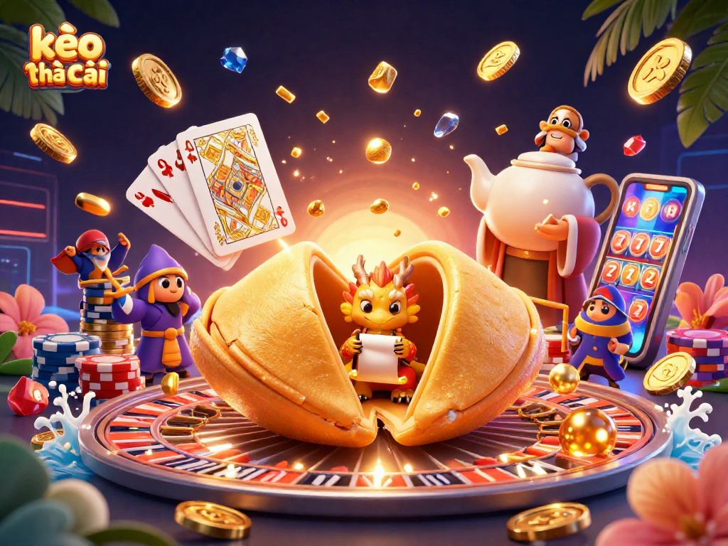 Bet on success with kèo nhà cái, featuring a vibrant 3D casino scene full of lucky symbols.