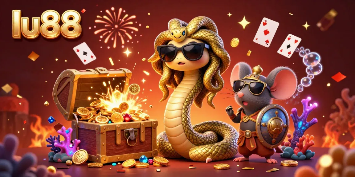 Experience thrilling wins with lu88 in this vibrant casino-themed illustration full of animated characters and gold treasures.