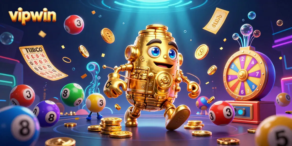 Experience the thrill of vipwin with vibrant lottery elements and a golden golem amidst dynamic casino imagery.