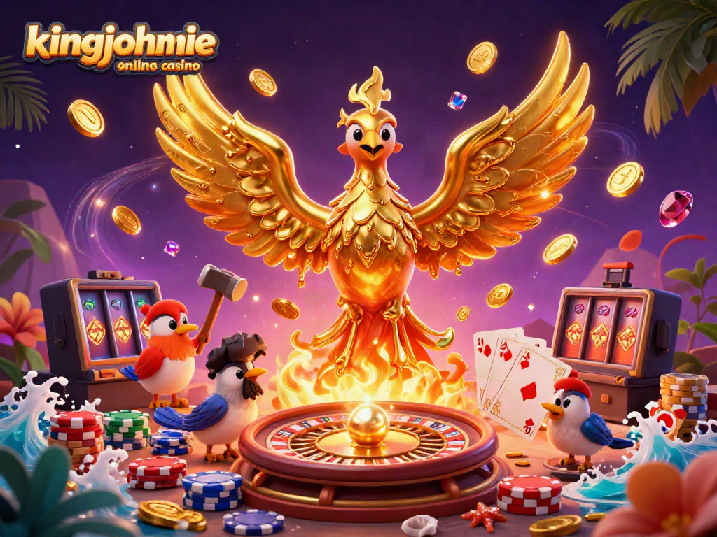 Experience an exciting moment at kingjohnnie online casino with a golden phoenix and vibrant gaming elements.