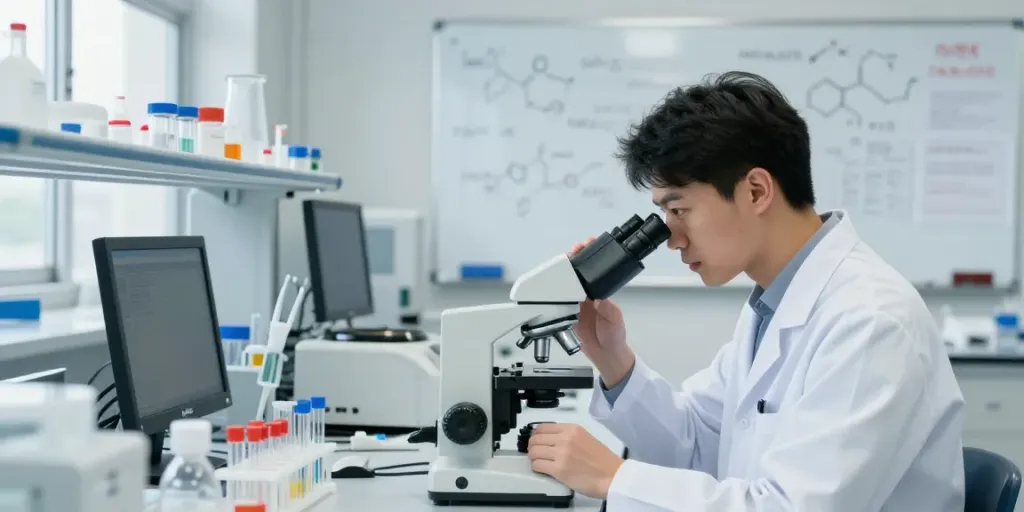 Research scientist analyzing Swiss Chems peptides in a bright lab.