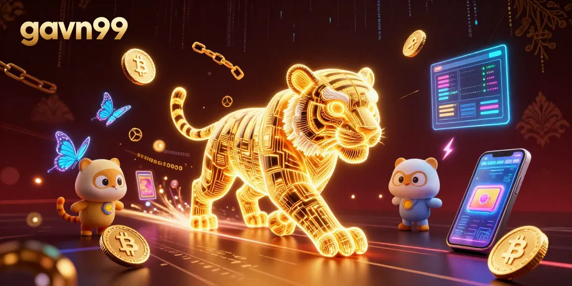Experience the thrill of gavn99's digital casino with a vibrant golden tiger and blockchain elements.