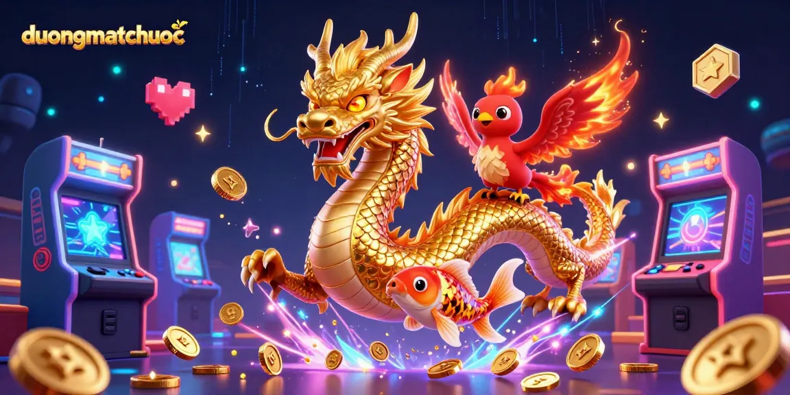 Engage with duongmatchuoc featuring a fierce Chinese dragon and lucky koi fish amidst vibrant casino elements.