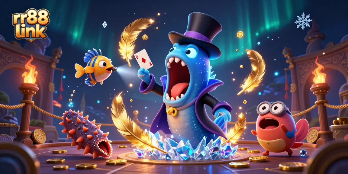 Watch the 3D cartoon eel perform card tricks in this vibrant rr88 link-themed casino scene.