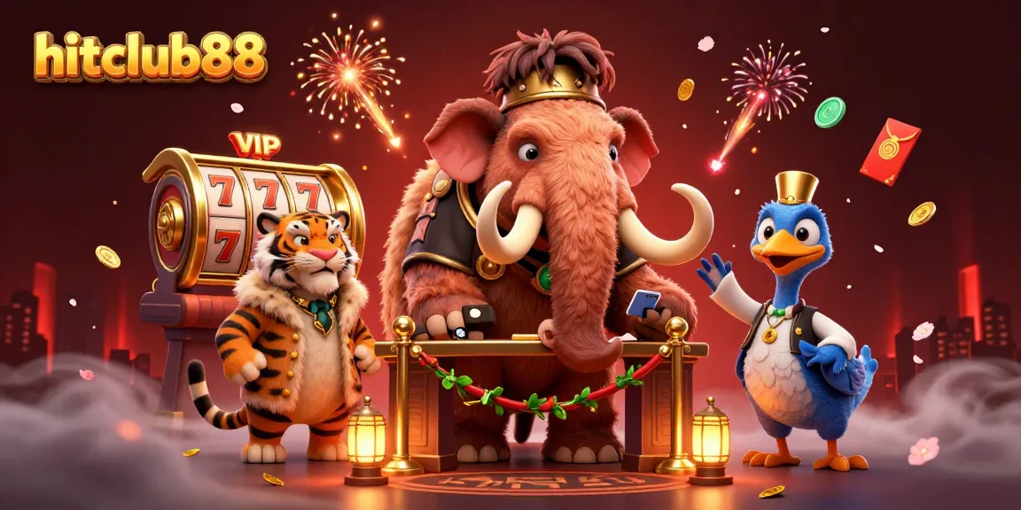 Experience excitement with hitclub88 at a vibrant casino featuring a woolly mammoth bouncer checking IDs.