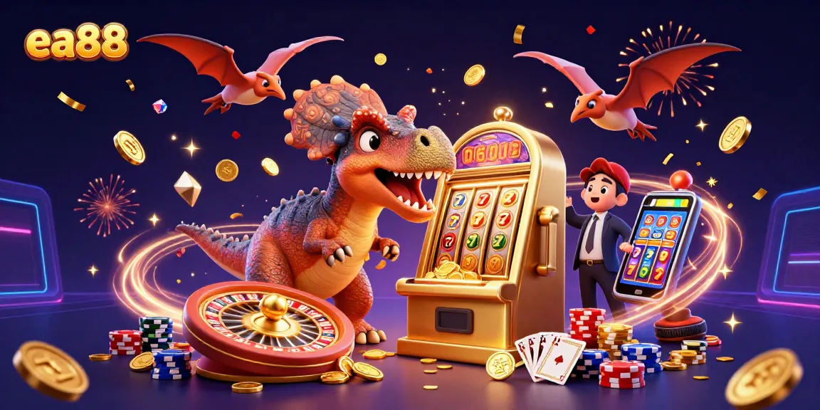 ea88 features a dinosaur-themed jackpot scene celebrating wins with golden coins and vibrant casino elements.