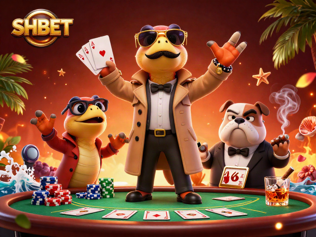SHBET showcases raptors in a trench coat entering a VIP casino lounge amid poker chips and whiskey.