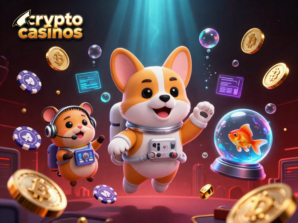 Découvrez les crypto casinos avec une illustration d'astronaute et des éléments de jeu captivants.