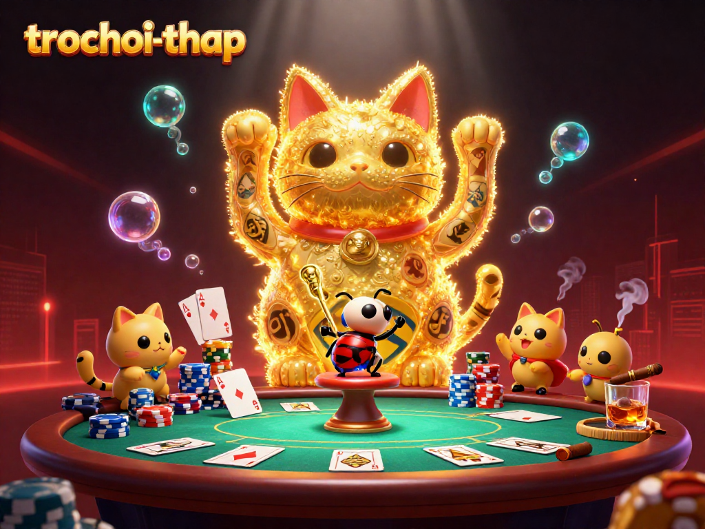 Experience the thrill of trochoi-thap as fireflies shape lucky cats amid vibrant casino elements.