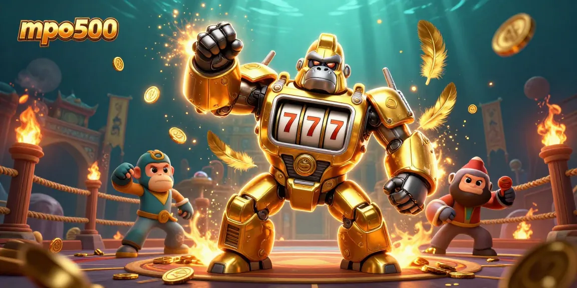 Engage with mpo500's thrilling slot gameplay featuring golden gorilla mech amidst vibrant casino elements.