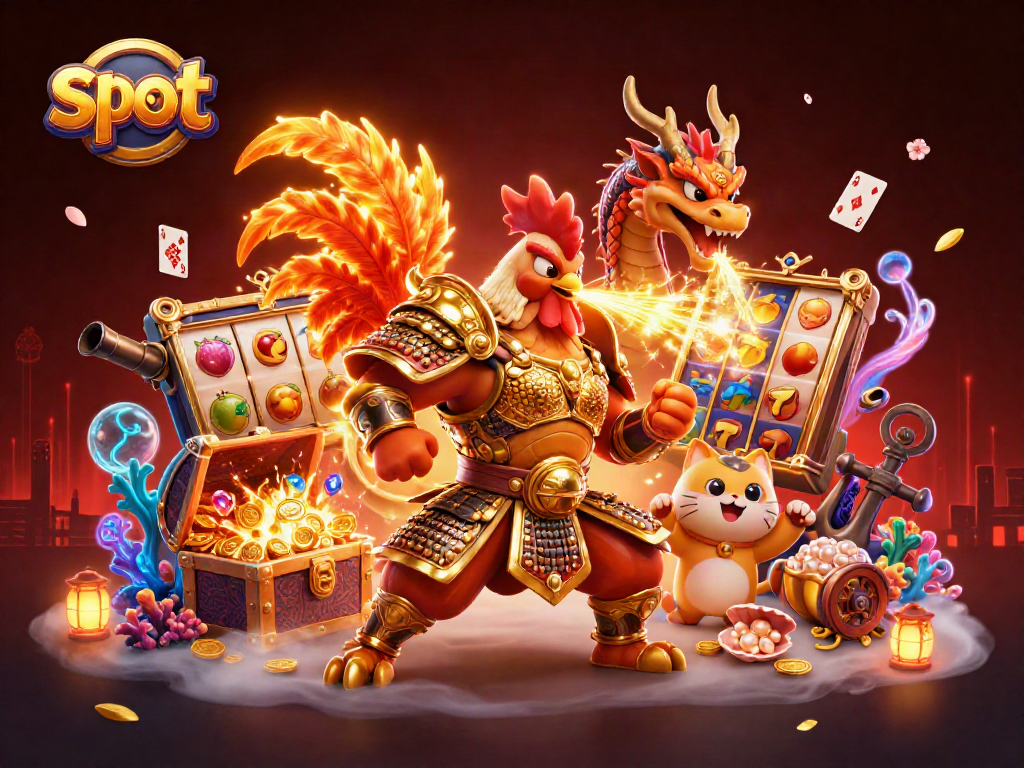 Experience thrilling slot action with cartoon warriors amidst treasures and vibrant casino elements