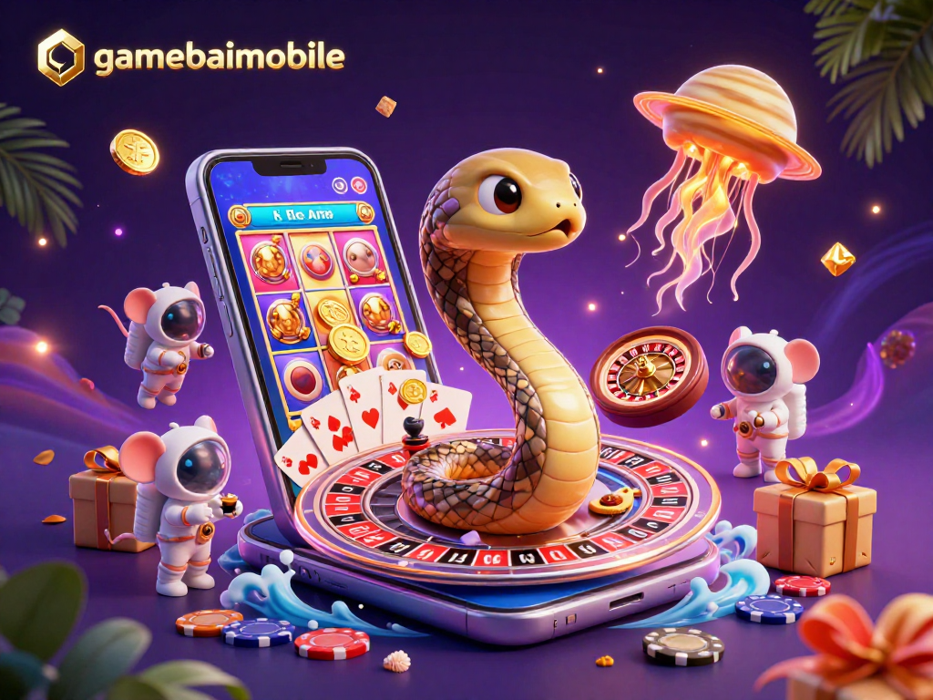 Engage with gamebaimobile through a vibrant scene of cosmic gambling featuring an energetic Saturn snake and adorable astronaut mice.