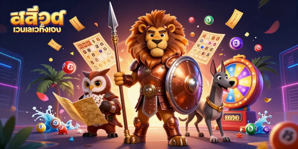Engage in excitement with สล็อตเว็บตรงทั้งหมด as a Spartan lion and companions navigate vivid lottery elements.