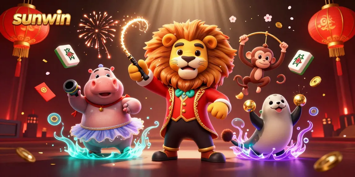 Experience exciting gameplay with sunwin, featuring a circus theme of a lion, hippo, and monkey in action.