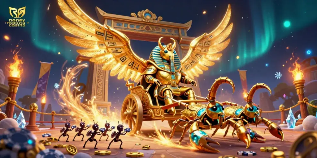 Experience the allure of a real money online casino featuring a golden scarab and dynamic elements.