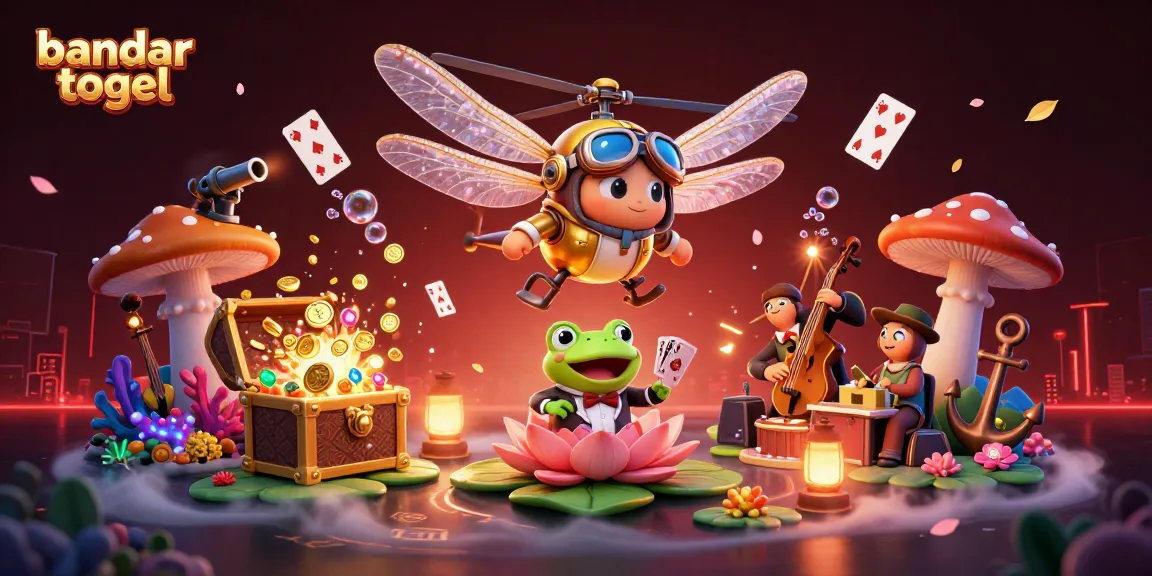 Experience the excitement of bandar togel with a vibrant casino scene featuring a dragonfly pilot and frog croupier.