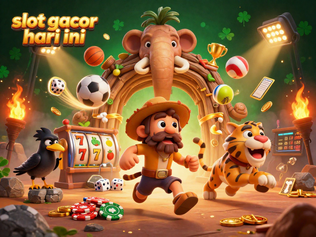 Engage in thrilling slot gacor hari ini at a vibrant prehistoric casino, showcasing 3D characters and dynamic gaming elements.