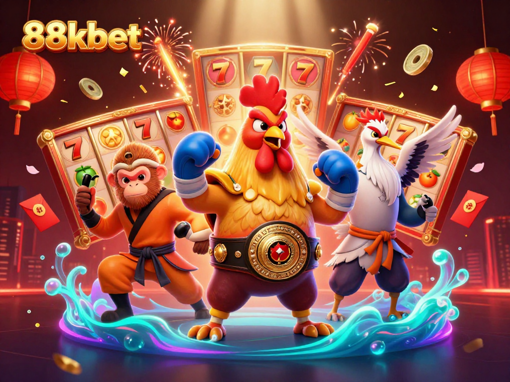 Experience the thrill of 88kbet with spinning slots and dynamic characters in an exhilarating casino scene.