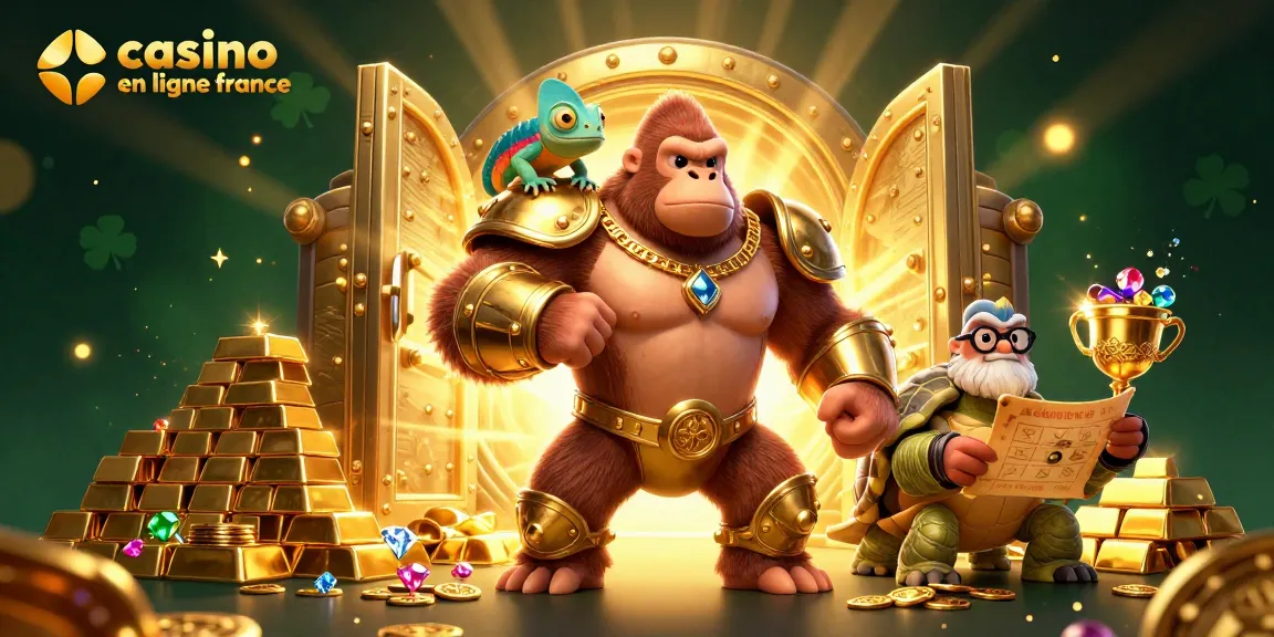 Action de jouer au casino en ligne France avec des personnages 3D animés et un trésor doré.