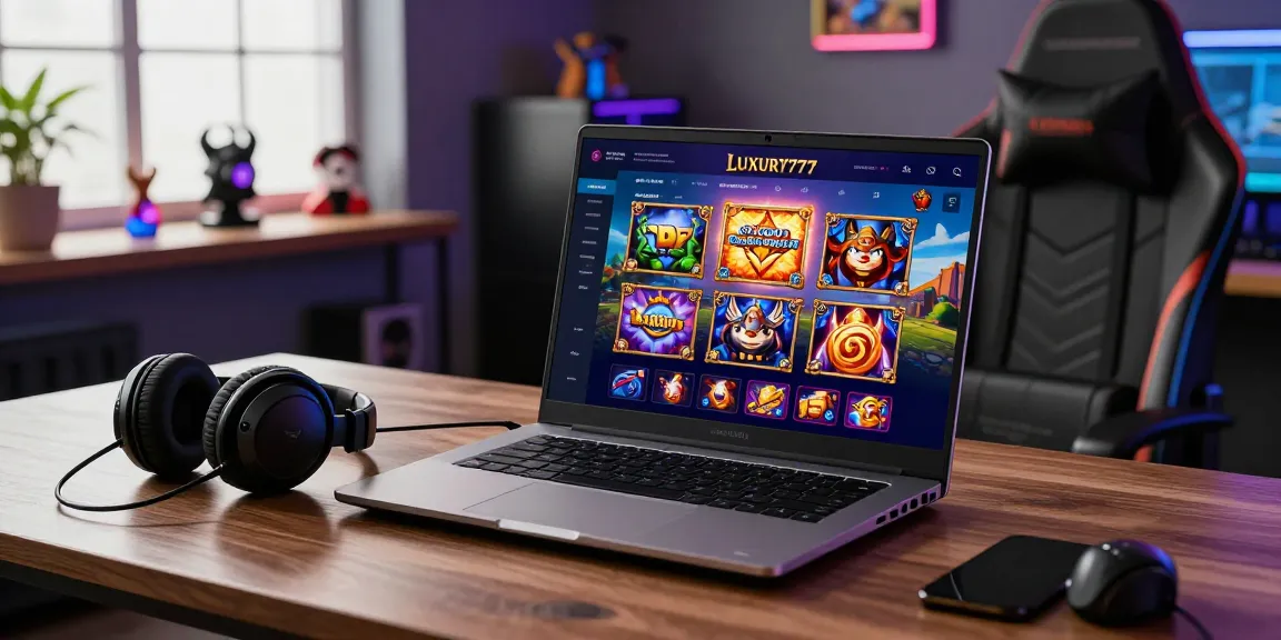 Visualisasi LUXURY777 Situs Resmi Terbaru di laptop gaming modern dengan grafis menarik dan suasana mengundang.