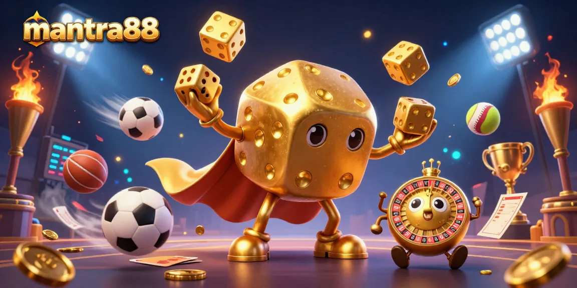 Experience the excitement of mantra88 with vibrant casino-themed 3D illustration featuring dynamic characters.