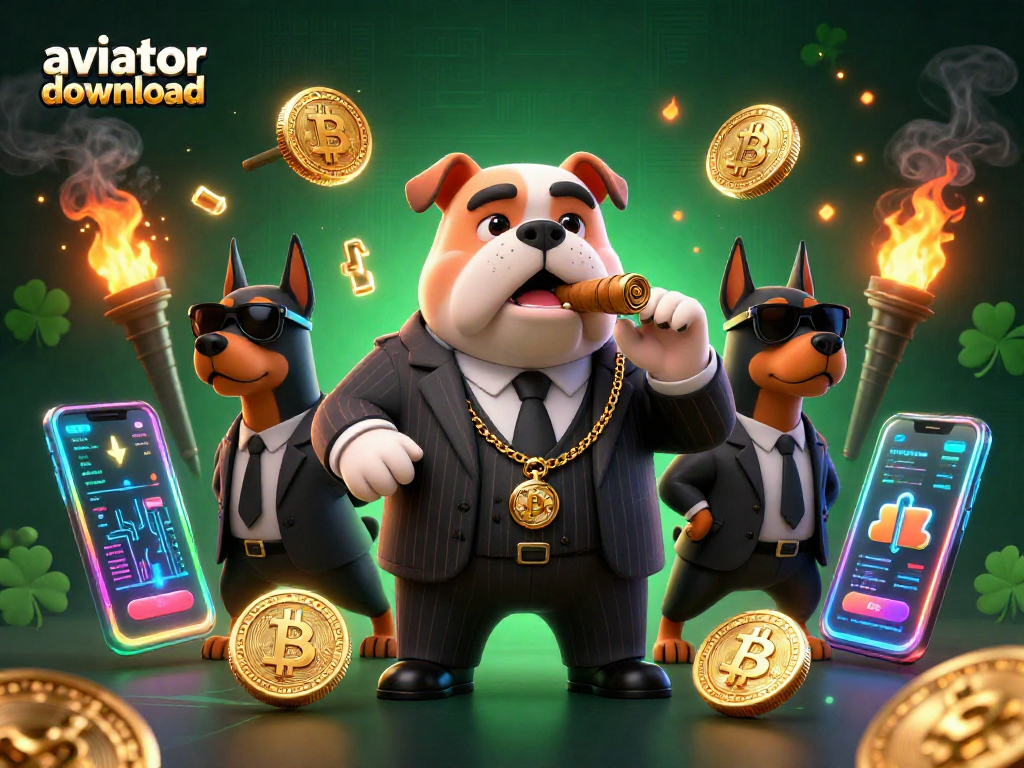 Experience the thrill of aviator download with a mafia boss bulldog surrounded by crypto elements in this 3D casino illustration.