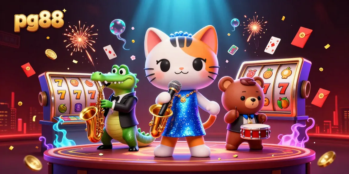 Experience the excitement of pg88 with lively characters performing amid dynamic slot reels and casino elements.