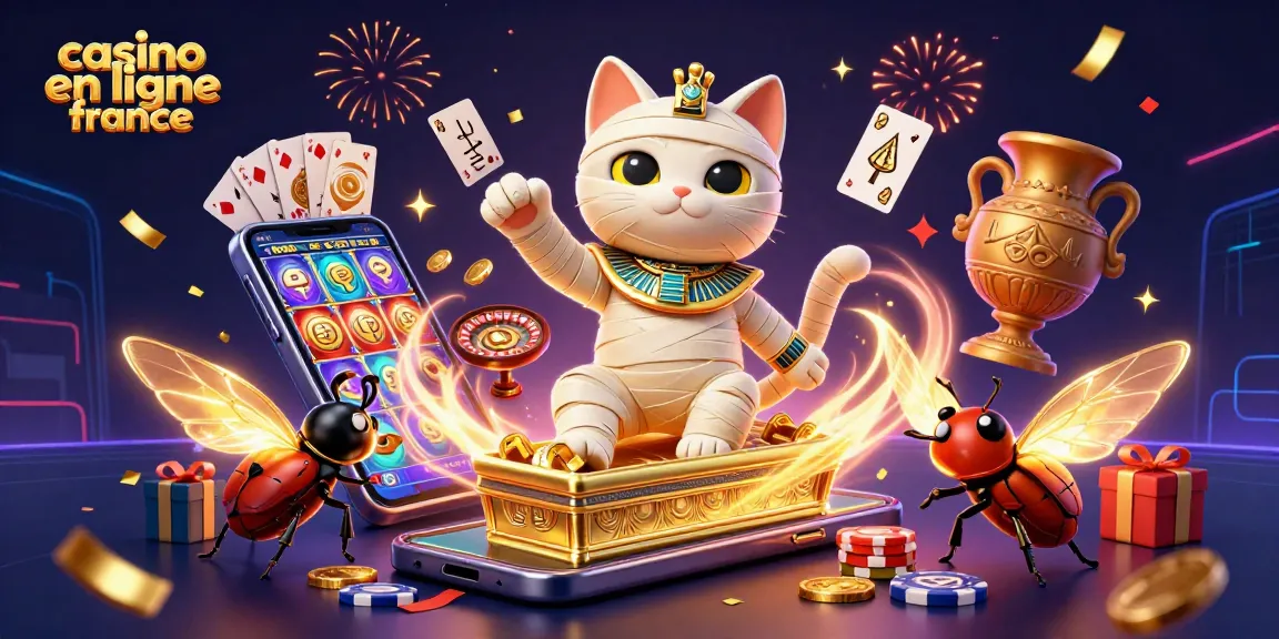 Jouer dans un casino en ligne France avec un chat momie égyptien et un scarabée, entouré de jeux animés.