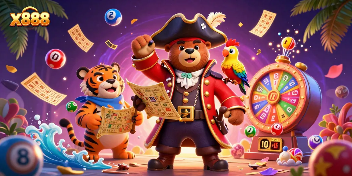 Join the excitement of x888 with a vibrant scene of colorful lottery games and treasures.
