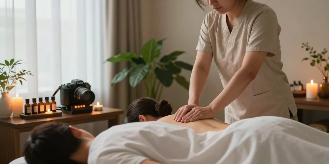 스웨디시 마사지 중인 마사지 치료실의 고요한 공간, 아로마 오일과 촛불이 있는 따뜻한 분위기.