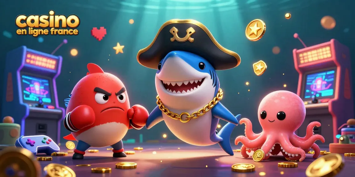 Explorez le monde des jeux à casino en ligne france avec un requin pirate, un poisson globe et un pieuvre tenant des pièces d'or.
