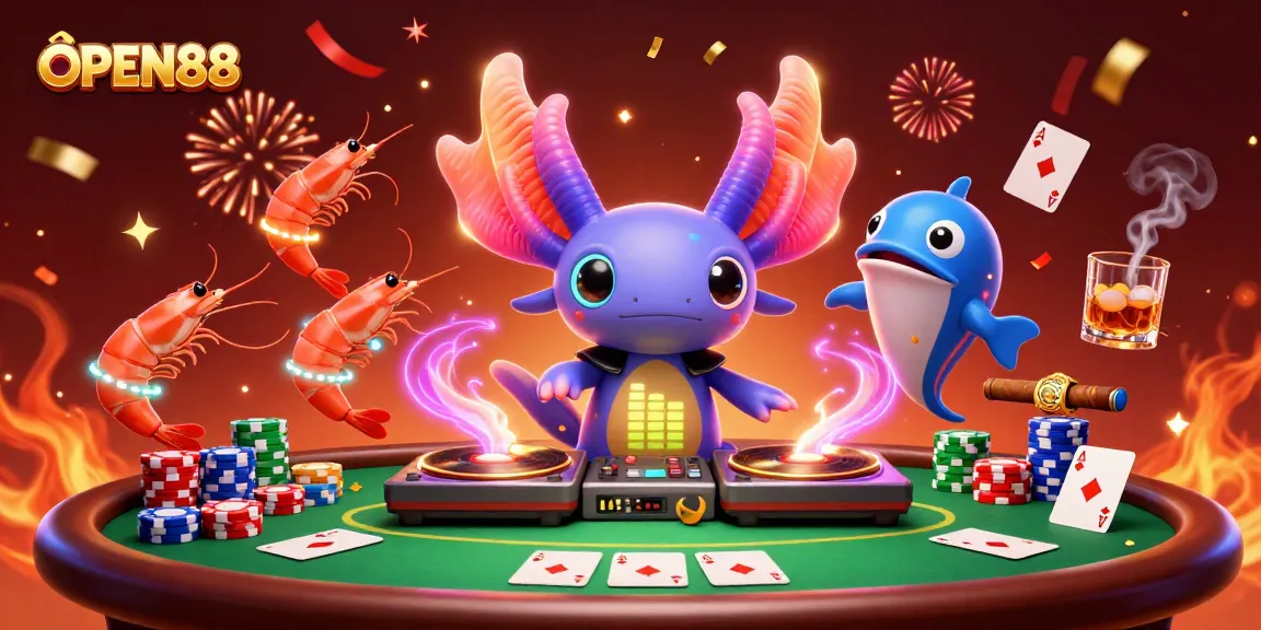 Join the lively OPEN88 casino scene as an axolotl DJ creates an electrifying atmosphere.