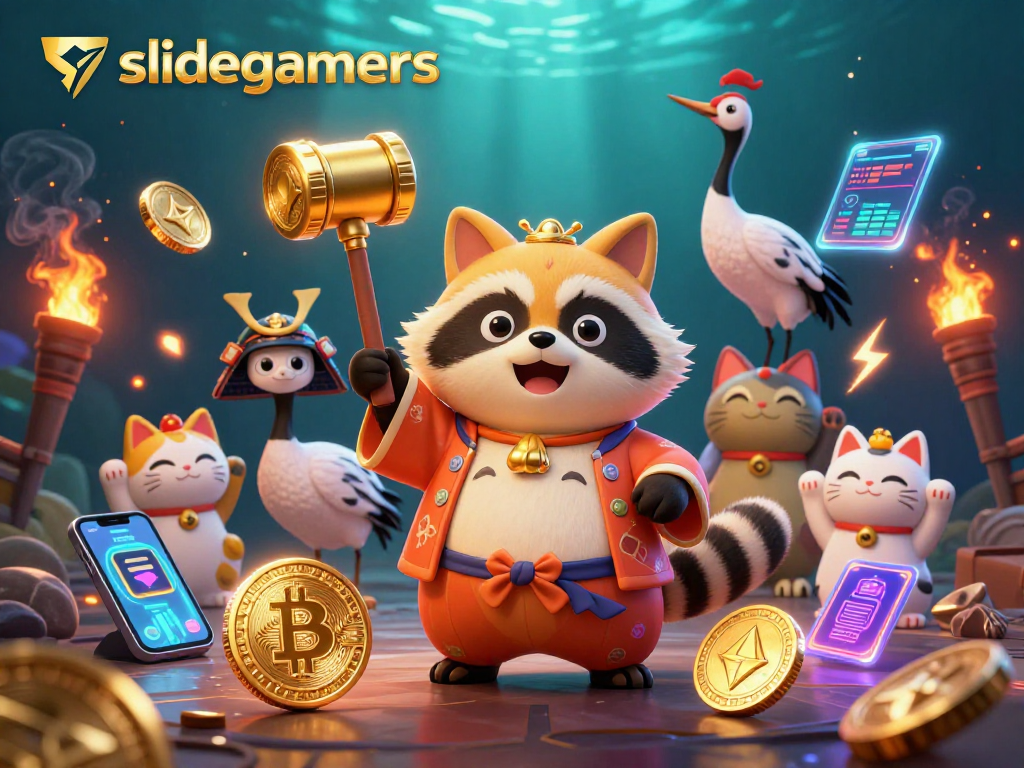 Engage in thrilling gameplay with slidegamers and a cheerful tanuki amid vibrant crypto elements.