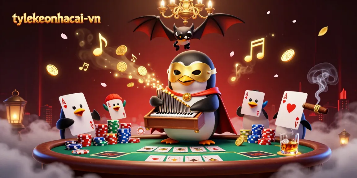 Experience lively gameplay at tylekeonhacai-vn with a magical casino scene featuring unique characters and poker elements.