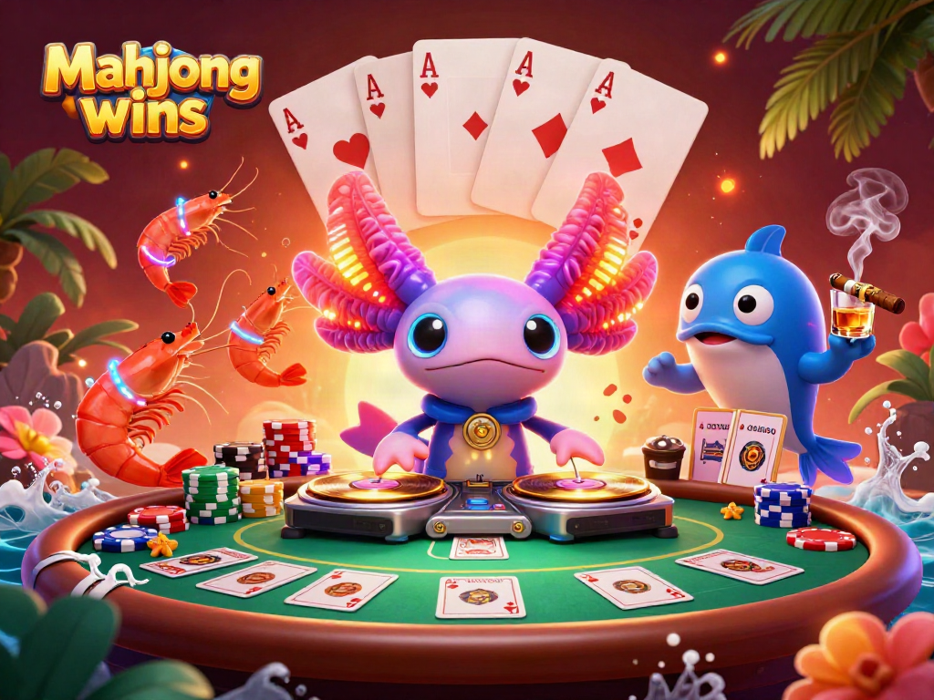 Win big with mahjong wins in a vibrant 3D casino party scene featuring animated sea creatures.
