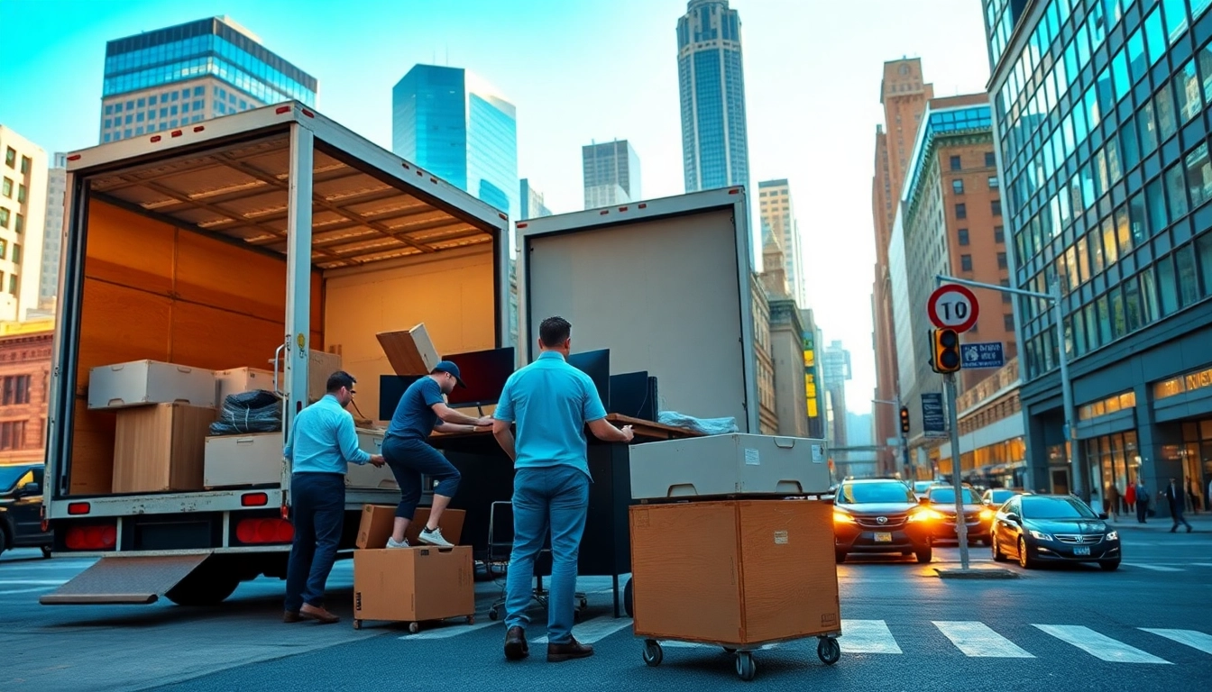 Commercial Moving Services NYC team efficiently relocating office equipment in a vibrant urban setting.