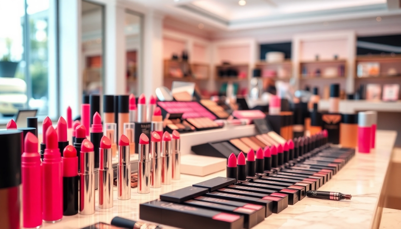 Showcase of vibrant makeup wholesale products in an elegant retail setting.
