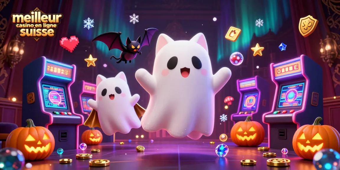 Plongez dans l'univers du meilleur casino en ligne suisse avec ce chat fantôme et sa chauve-souris dans un cadre animé.