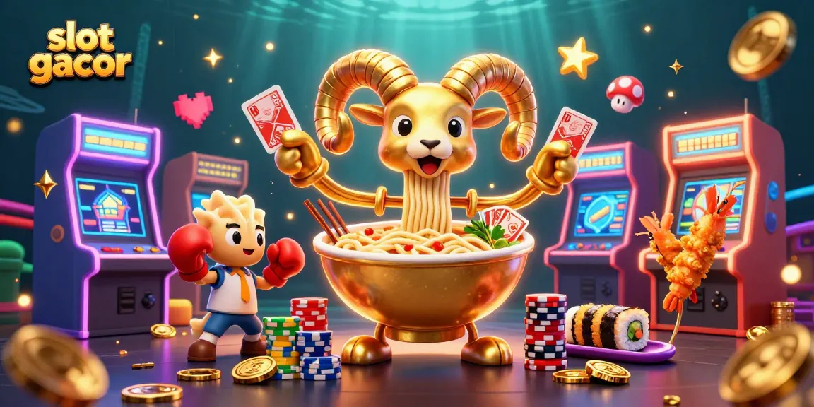 Engage with slot gacor in this vibrant 3D cartoon scene featuring a giant ramen bowl dealer.