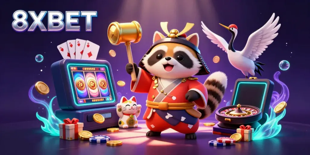 Winning at 8XBET: A joyful tanuki with a lucky mallet and vibrant fortune cats celebrating with slot games.
