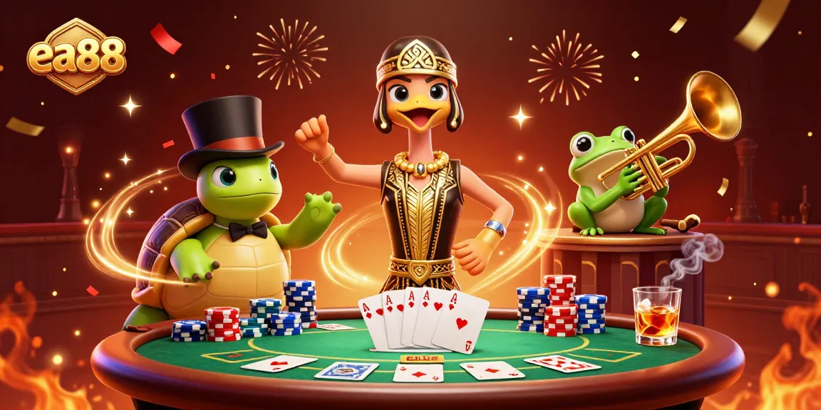 Experience excitement at ea88 with poker chips and vibrant characters celebrating winnings.