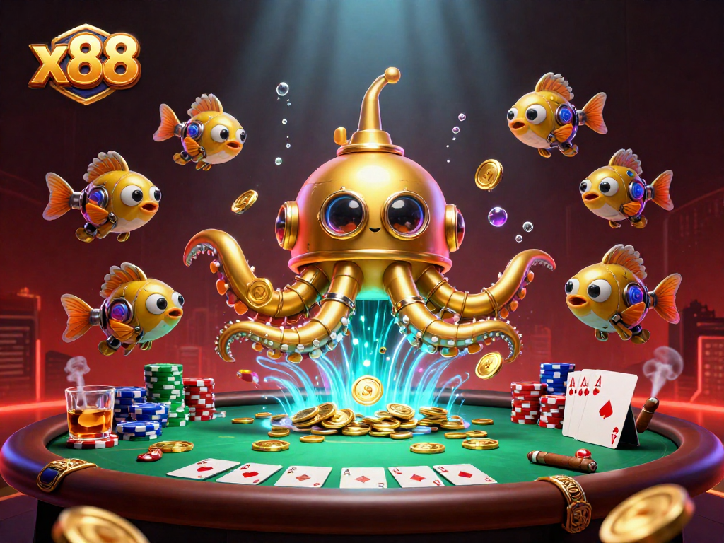 Experience the excitement of x88 with a dynamic scene featuring a golden kraken submarine amidst a poker setup.