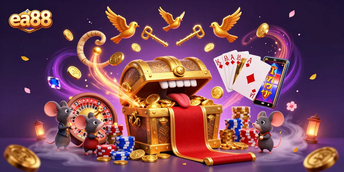 Experience thrilling slot adventures with ea88 featuring a treasure chest, glowing cards, and cascading coins.
