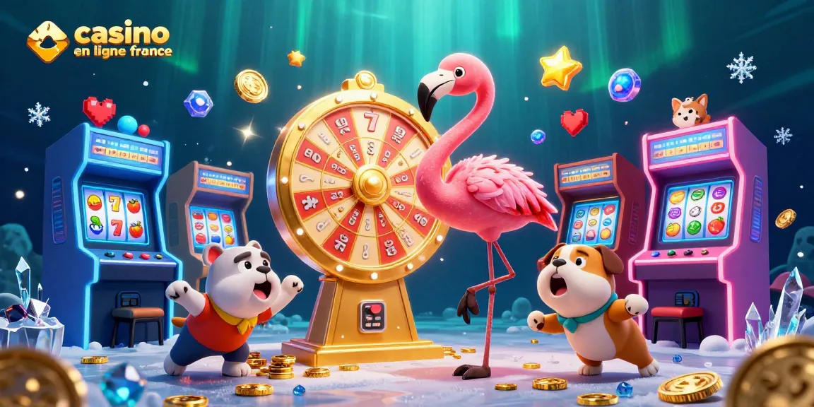 Découvrez le dynamisme d'un casino en ligne france où un flamant rose animé fait tourner une roue de prix massive, mettant en valeur l'excitation des jeux d'argent.